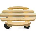 Appeasy Beige Wooden 4 Wheel Round Plant Stand With Trolley Rolling Tray