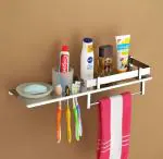 UNIQUEWELL Stainless Steel Nickel Chrome 4 in 1 Multipurpose Bathroom Shelf Soap Dish, Tumbler , Toothbrush Holder