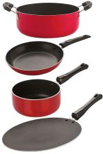 Nirlon 4 pcs of Red, Black 3 Layer Non-stick Aluminium Coated Pots and Pans Cooking Combo Set Standard