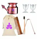 OREAYU Yoga Natural Life Kit Copper Neti Pot/Eye Wash Cup/Bamboo Brush/Copper Tongue Cleaner/Neem Wood Comb With Travel Cotton Bag