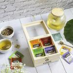 Roshi Green Tea Assortment Pinewood Gift Box For Christmas And New Year With 4 Exotic Flavours - 40 Tea Bags