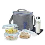 Treo by Milton All Fresh Premier Glass Tiffin Set of 5 (3 - Round Containers,400 Ml Each; 1 - Bottle,250 Ml; 1 - Tiffin Dinning Mat) with Jacket|Oven & Microwave Safe|Leak Proof|Office,Transparent