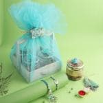 Tamirha Wooden Basket with 4 Glass Jars with Pair Rakhi and Dryfruit Hamper