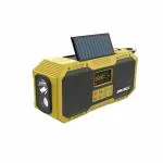 DRUMZZ Trek 600 yellow - 14 Watts Stereo Bluetooth Speaker, Digital AM FM Radio, IPX5, Hand Crank Charging, Solar Charging, Flashlight, Reading Lamp, 4000mAH Battery, Cell Phone Charger, SOS Alarm, Thermometer, Digital Display, Dust Proof With Carabiner