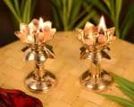 CraftVatika Gold Brass Lotus Pillar Diya 13 x 11.4 cm (Pack of 2)