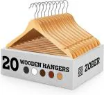 ROCKFIELD ZOBER Wooden Suit Hangers Pack of 20 with Non Slip Pants Bar - Smooth Finish Solid Wood Coat Hanger with 360 Swivel Hook and Precisely Cut Notches for Camisole, Jacket, Pant, Dress Clothes Hangers