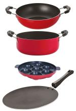 Nirlon 4 pcs of Red, Black Non-stick Pot and Pans Cookware Set with Bakelite Handle Standard