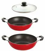 NIRLON Red Aluminium Non-Stick Kitchen Cooking Utensil Item Set with Glass Lid, 3 pcs