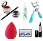 Lenon Beauty Gel Eyeliner & Eye Brow,False Eyelash, Eyelash Glue, Curler, Pink Sponge Puff Free Kajal (6 Items in the set)