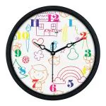 Random Kids Drawing Art 8 Inches Plastic Wall Cum Table Clock for Home / Office, (Black Frame)