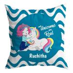 ASHVAH Blue Satin Ruchitha Name Unicorn Cushion Cover with Filler 30 x 30 cm