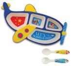 Babyhop Airplane Shaped Blue Bamboo Fiber 3 Piece Bamboo Fiber Kid Dinner Set With Sectioned Plate Spoon And Fork For Baby Kids (6 36M)