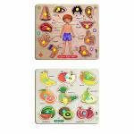 Grest Mini Wooden Human Body Parts and Fruits Puzzle with Knobs, Educational and Learning Game For Kids