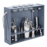 Bar Box Bartender Kit: 19-Piece Bar Tool Set with Rustic Wood Stand (Grey Stand) (Silver)