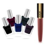 JUICE | NAIL PAINT (DARK PURPLE - 31 / RICH BLACK - 49 / ZAFFRE - 116 / HAMPTON GREEN - 260 / MERLOT - 284) & LIPTINT (DELUX COCOLATE M-73) | WATERPROOF & LONG LASTING | COMBO OF 6