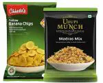 Chheda's Yellow Banana Chips and Udupi Munch Madras Mix Combo - Banana Wafers - Indian Namkeen, 700g (350g, Each)