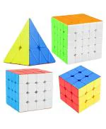 CrackaDeal Plastic Cube Combo Set of 3X3 4X4 5X5 Pyraminx High Speed Stickerless Magic Cube Puzzle, Multicolor (Pack of 4)