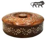 ADA Sheesham Wooden Masala Box with Spoon, Handmade/9 Containers Round Masala Dabba/Spice Box for Kitchen with Lid - Size (25x25x8.5cm) Crafted by Saharanpur Artisans
