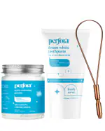 Perfora Tongue Cleaner With Fresh Mint Toothpaste & Teeth Whitening Powder Combo , For Fresh Breath & Bacteria Removal , Improved Taste Sense & Oral Hygiene , Teeth Cleaning Dental Kit