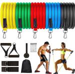 ShopiMoz Professional Level 11 Pcs Resistance Band Set, with 5 Bands Multi-Color Made with 100% Latex, 1 Anchor, 2 Handles, 2 Ankle Straps and one Smart Carry Bag- for Heavy Workout