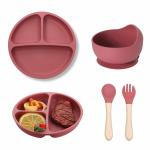 DEEJAY Baby Feeding Set for Kids Toddler | Silicone 4 Pieces Tableware Kit - Suction Plate, Feeding Bowl, Spoon & Fork, BPA Free -Silicone (Dusty Pink