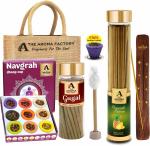 The Aroma Factory Navgrah Sambrani Dhoop Cup & Pineapple 100g & Gugal Dhoop Batti with Stand & Jute Bag | Low Smoke | 0% Charcoal | 100% Organic Incense for Pooja, Havan