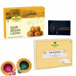 Dhampur Green Gur Besan Laddu & Kaju Katli Diwali Sweets Gift Hamper,1 Diya & Greeting Card - Indian Sweets | Mithai | Gift, 900grams