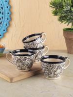 VarEesha's Kalamkari Black & White Ceramic Star Tea/Coffee Cups Set of Four