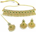 Gyaan Jewels Handmade Shop Global Gold Plated Brass Necklace, Earring and Maang Tikka Set Green, Gold (Women, Girls) Free Size