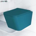 Plantex Imported Ceramic Wall Hung Commode for Toilet Rimless Washdown Flushing/Western Commode/Square Commode with Soft Closing Toilet Seat - P Trap - (Pine Blue)