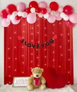 SPECIALYOU.IN Romantic Decoration Items for Couples for Room Decor Items for Bedroom with Red, White & Pastel Pink Balloons with Red chiffon curtains, LED Light & I Love You Banner- 69 items