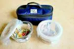 PUREFIT Horizontal Microwave Safe Lunch Box/Tiffin Round Container with Lid 400 ml Pack-2 (Transparent Glass with Blue Bag)