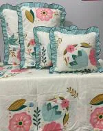 BREVARD Poly Cotton 210 TC 5 Pcs Frill Bedding Set | Double Bed Size Bedsheet with 2 Pillow Covers and 2 Filled Cushions (90x100 Inches, Leafy Flower)