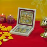 pujaNpujari Gold Plated Lakshmi Photo Frame with Shubh Labh Charan Paduka for Pooja Room, Return Pooja Gift Box Set