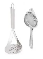 Stainless Steel Potato Masher With Stainless Steel Tea Strainer and Multicolour, Pack of 2