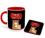 Whats Your Kick I Love You Mom in Telugu Language Cute Cartoon Design Printed Red Ceramic Coffee Mug with Coaster and Tea Mug 325ml