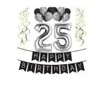 Festiko 25th Birthday Party Decorations Kit, Happy Birthday Banner, 25th Silver Number Balloons, Silver And Black, Number 25, Perfect 25 Years Old Party Supplies
