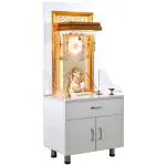 The Mandir Store Wooden Mandir | Home Temple | White Glossy Glass Acrylic with LED Lights & Storage