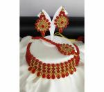 Gyaan Jewels Handmade Gold Plated Alloy Necklace, Earring and Maang Tikka Set Red Free Size