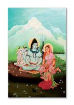 Tamatina Multicolor Religious Lord Shiva Parvati And Ganesh God Art Canvas Painting - 24X16 Inch
