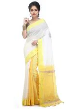 BENGAL HANDLOOM Women's White and Yellow Woven Cotton Silk Saree With Blouse Piece