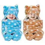 OYO BABY 3-in-1 Hooded Baby Blanket Wrapper Pack of 2 (Star Beige + Blue) Swaddle for New Born | All Season | 0-6 Months | Sleeping Bag | Nursing Baby Gifts | Bath Robe | Multipurpose Comforter