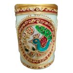 ROYALSTUFFS Little India Gold Meenakari Mayur Design White Marble Pen Stand, White,Weight:365 Gram