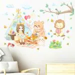 JAAMSO ROYALS 3D Cartoon Lion, Bear, Rabbit & Girl Self Adhesive Wall Sticker (60CM x 90CM)