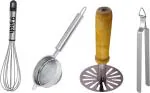 Niyara Enterprise Premium stainless steel kitchen tool set of Whisk, Tong, Tea strainer, Masher Kitchen Tool Set (Multicolor)