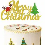 Festiko Glitter Yellow Merry Christmas Cake Topper With Christmas Tree & Christmas & Hat & Reindeer
