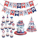 Zyozique 13 Pcs Nautical Party Supplies for Boys Nautical Happy Birthday Banner Birthday Cap Cake Toppers Cup Cake Topper for Kids Girls Baby Shower Nautical Theme Birthday Party Decoration Supplies