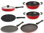 Nirlon Red Aluminium Non-Stick Cookware Set 6 pcs (FT12 CT12 FP12 KD12 KD14 UP7)