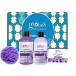 Globus Naturals Lavender Haven Essentials Bath & Body Gift Hamper Set of 4, Box includes - Lavender Body wash 200 ml, Lavender Lotion 200 ml, Lavender Soap 100 gm, Loofah