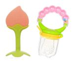 Manan Shopee Kids Peach, Green Silicone Teether With Baby Fruit Nibbler Pacifier (Pack Of 2)